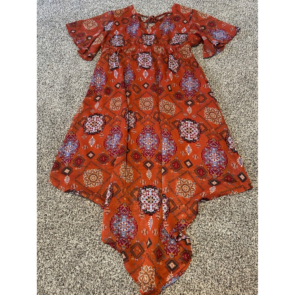 H28 Maurices Boho Rust Orange Medallion Print Handkerchief Hem Dress L